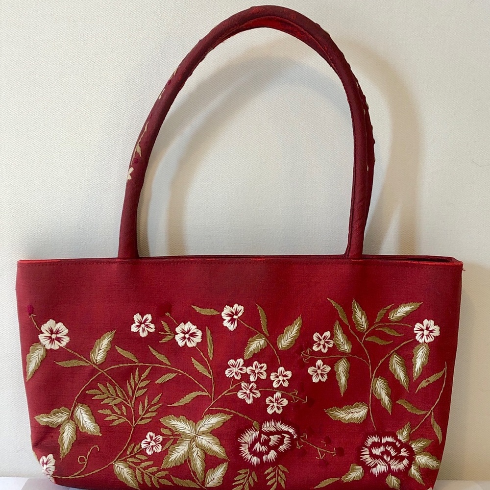Claire V Red Embroidered Silk Hand Bag